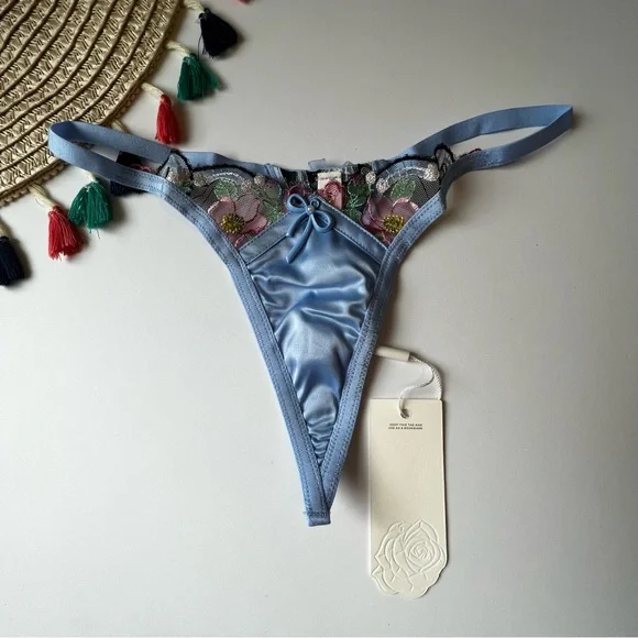 For Love And Lemons Louise Thong Panty Blue Medium NEW